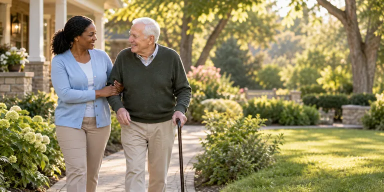 A caregiver and an older adult sharing a walk in a garden.